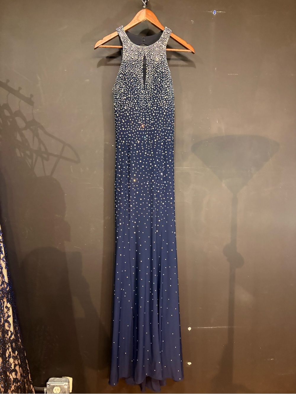 Xscape Navy Beaded Halter Prom Gown - Picture 2 of 4